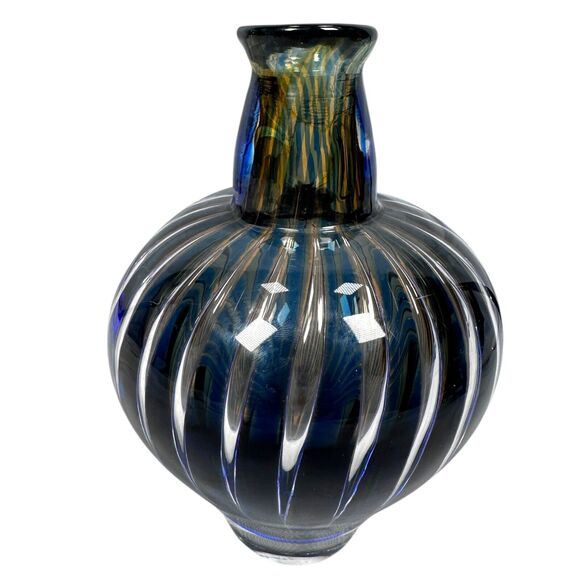 Vintage Orrefors Ariel Vase Edvin Ohrström Blue Amber Swirl Stripe Art Glass MCM - Picture 3 of 11